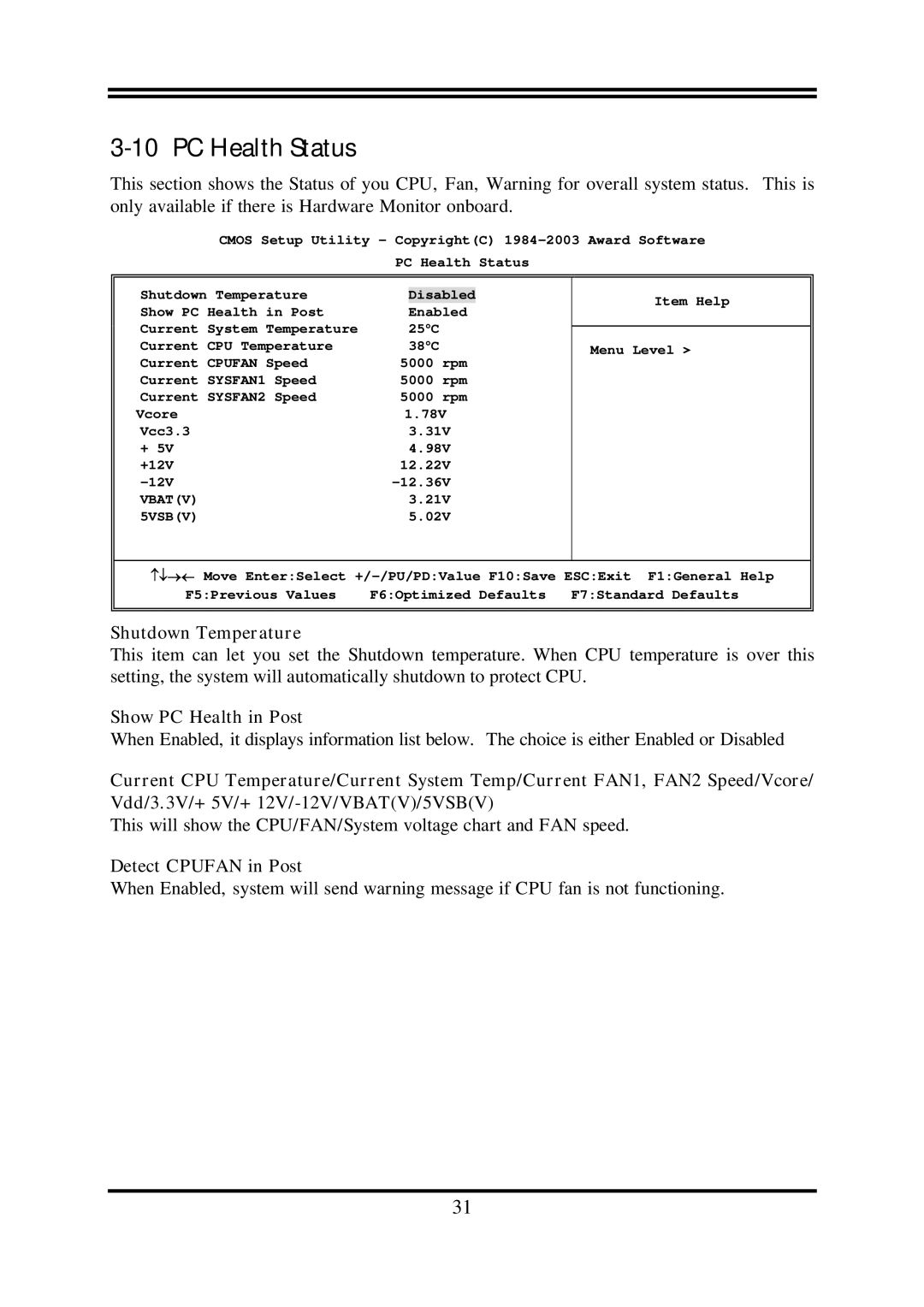 AMD N2PA-LITE, N2PAP-LITE user manual PC Health Status, Shutdown Temperature, Show PC Health in Post, Detect Cpufan in Post 