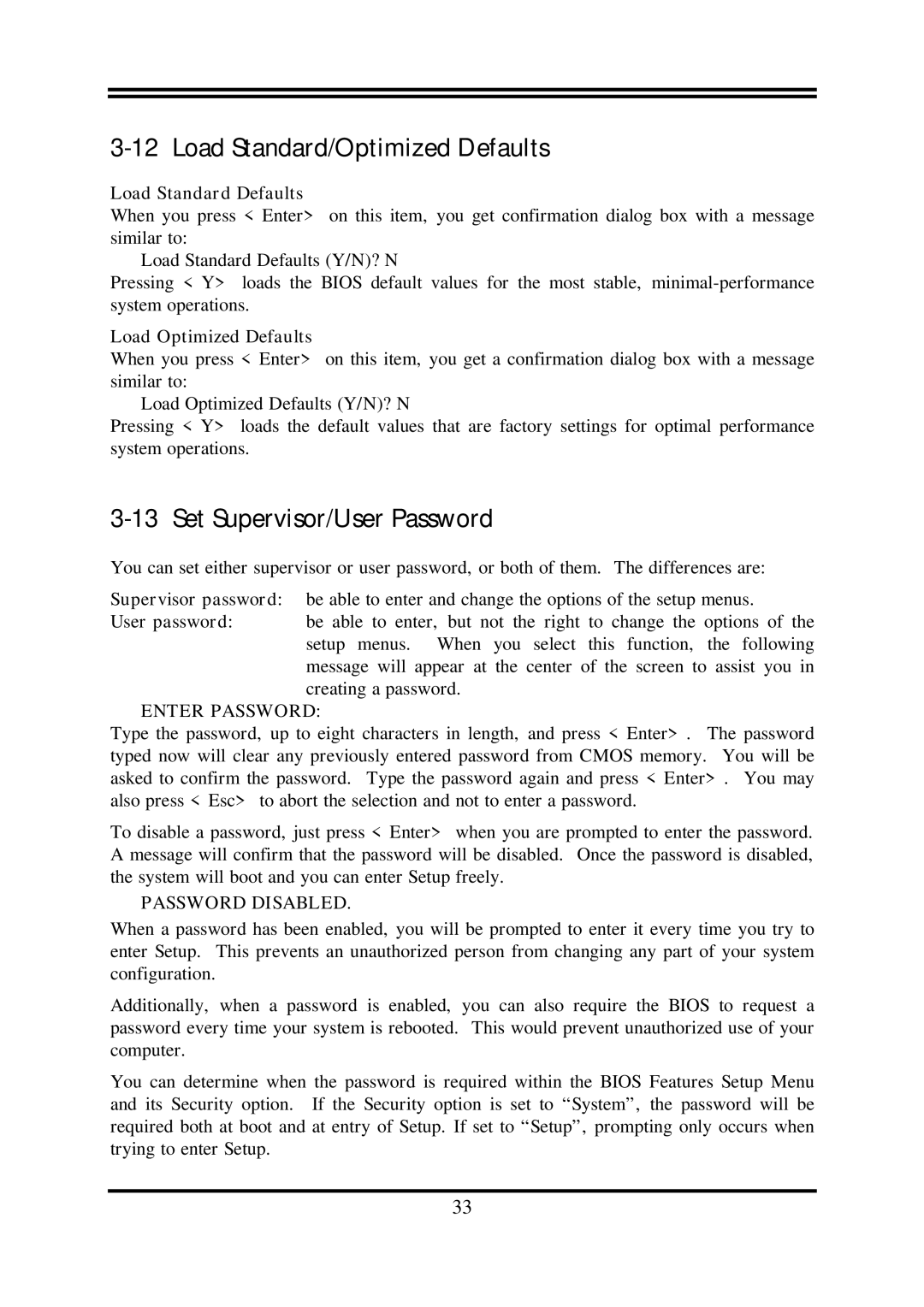 AMD N2PA-LITE user manual Load Standard/Optimized Defaults, Set Supervisor/User Password, Enter Password, Password Disabled 