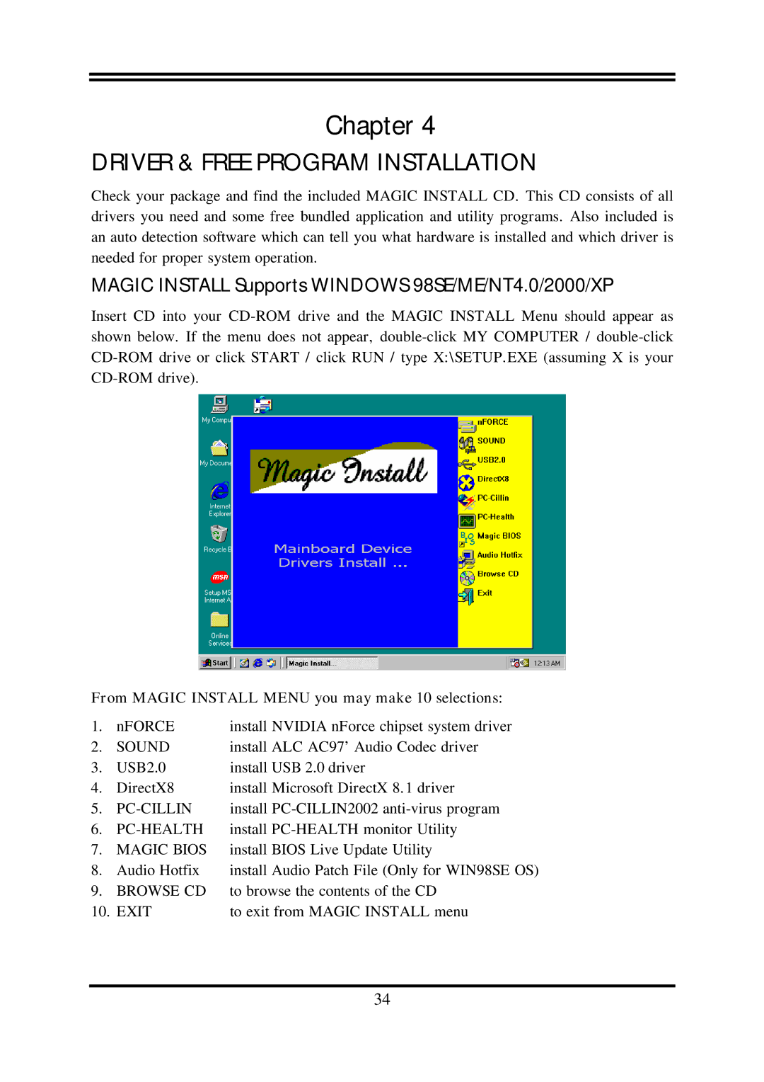 AMD N2PAP-LITE, N2PA-LITE user manual Driver & Free Program Installation, From Magic Install Menu you may make 10 selections 