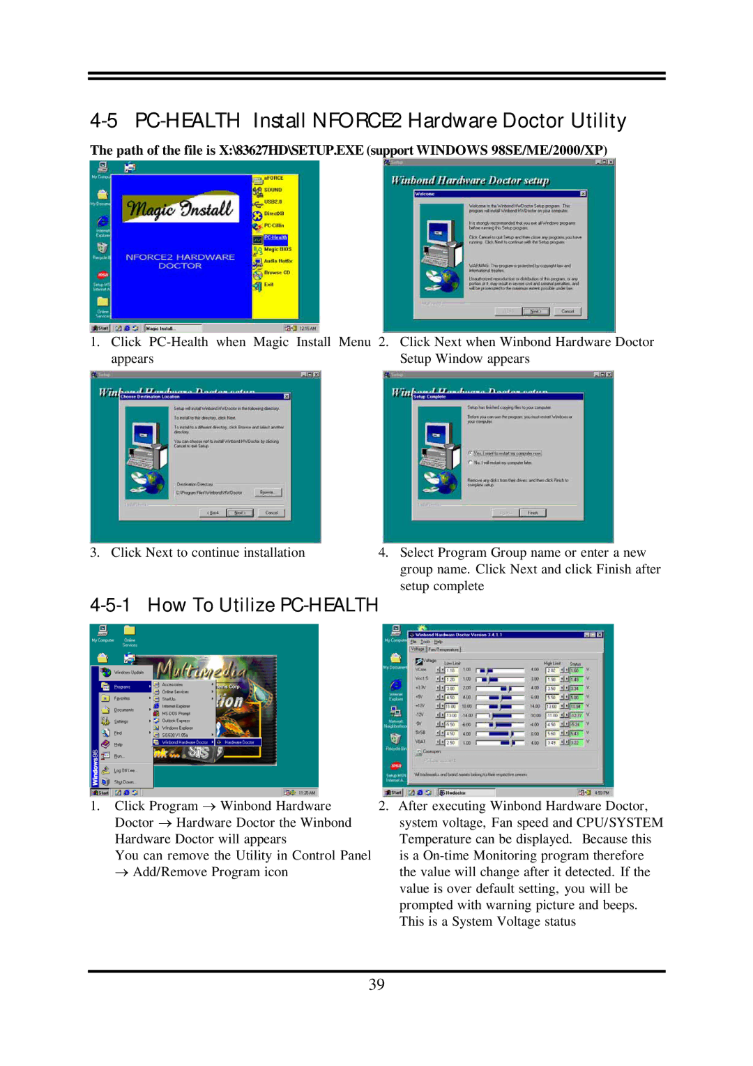 AMD N2PA-LITE, N2PAP-LITE user manual PC-HEALTH Install NFORCE2 Hardware Doctor Utility, How To Utilize PC-HEALTH 