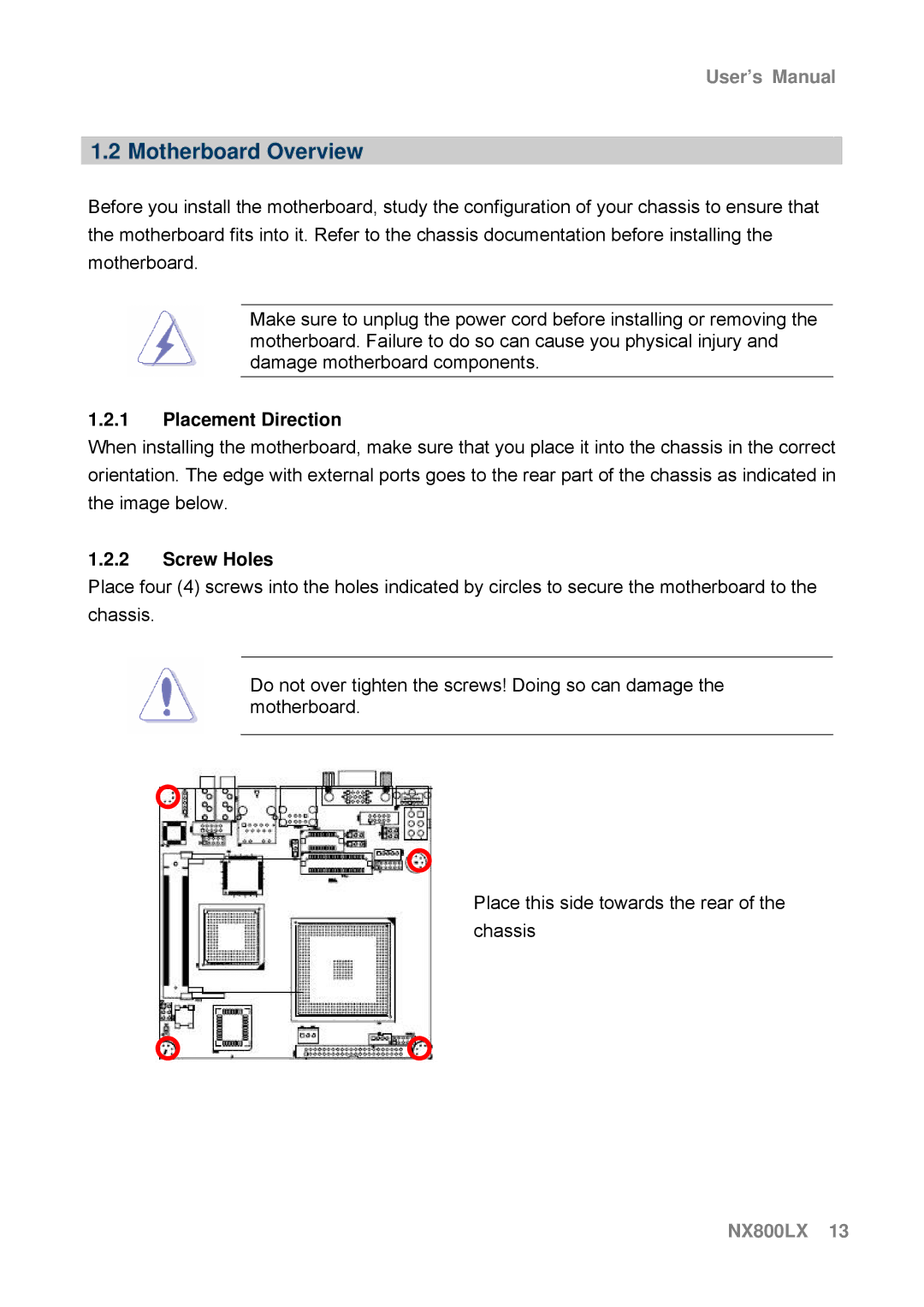 AMD NX800LX user manual Motherboard Overview, Placement Direction, Screw Holes 