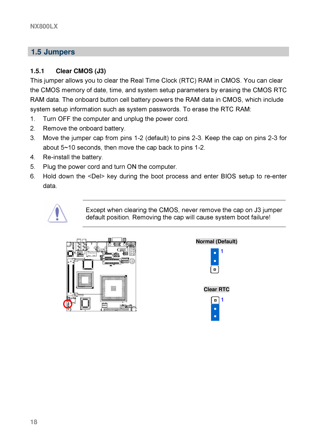 AMD NX800LX user manual Jumpers, Clear Cmos J3 