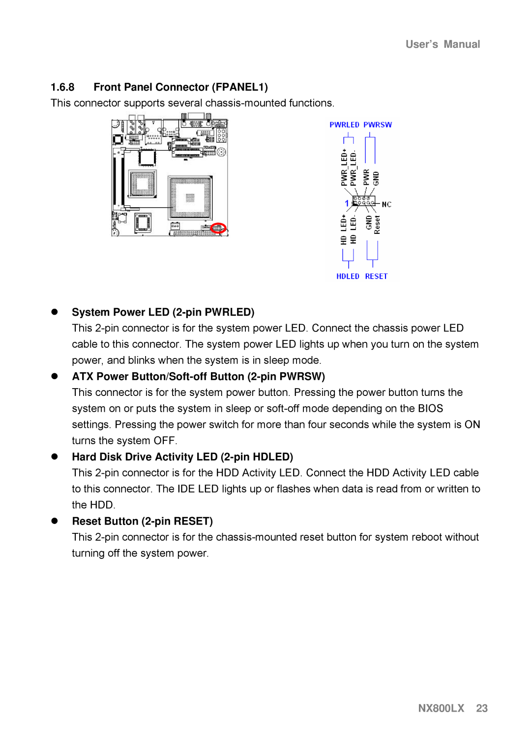 AMD NX800LX Front Panel Connector FPANEL1, System Power LED 2-pin Pwrled, ATX Power Button/Soft-off Button 2-pin Pwrsw 