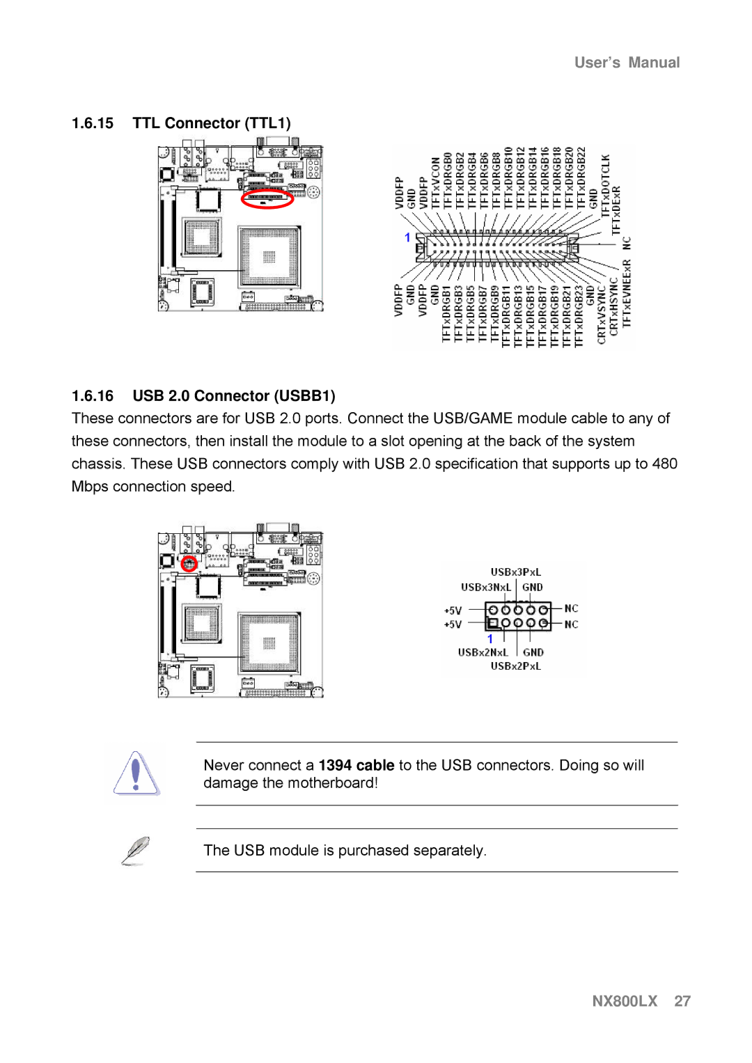 AMD NX800LX user manual TTL Connector TTL1 USB 2.0 Connector USBB1 