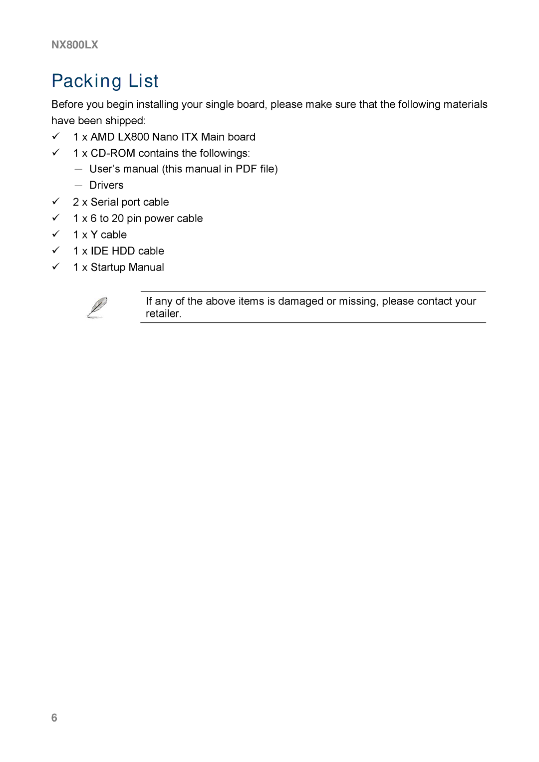 AMD NX800LX user manual Packing List 