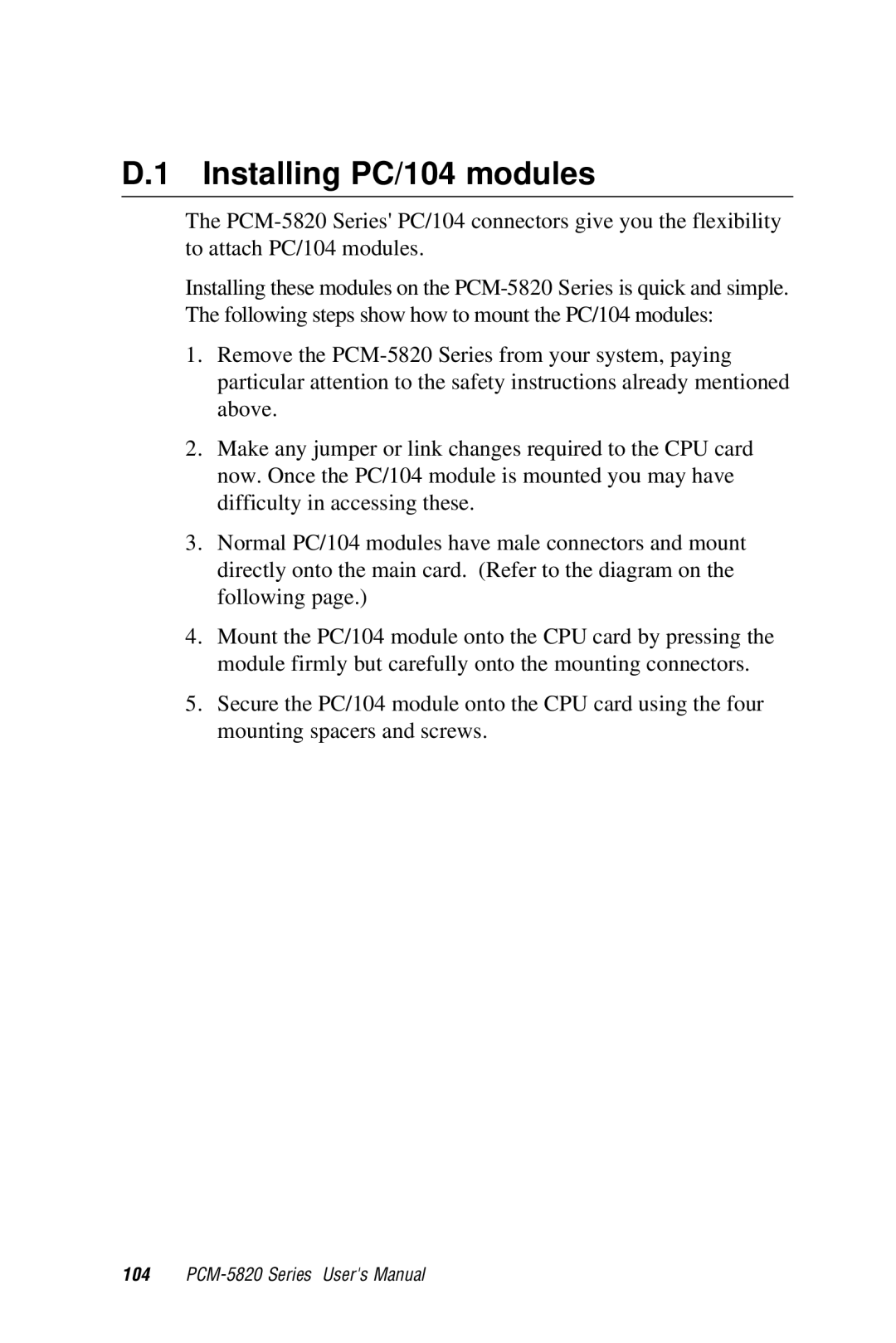 AMD PCM-5820 manual Installing PC/104 modules 