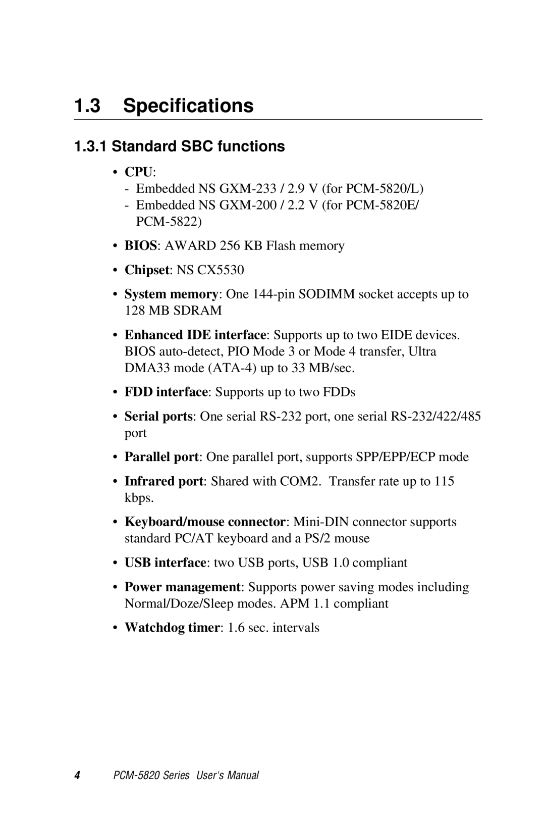 AMD PCM-5820 manual Specifications, Standard SBC functions 