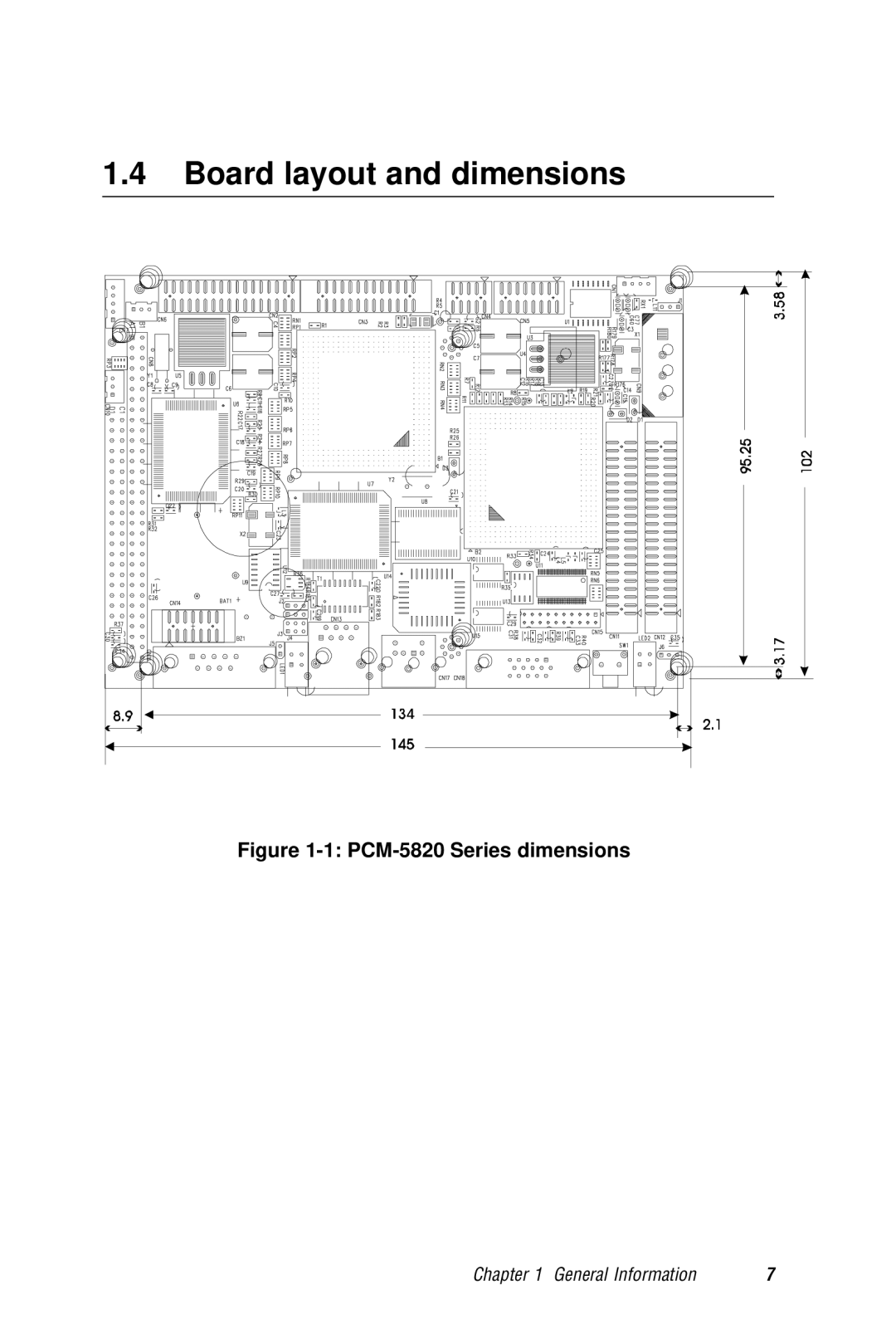 AMD manual Board layout and dimensions, PCM-5820 Series dimensions 