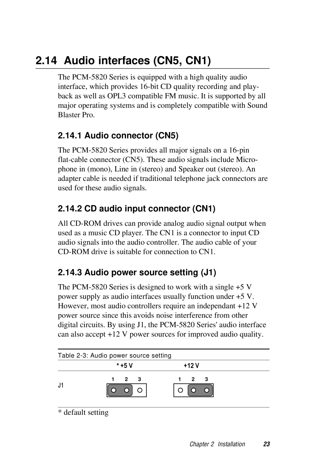 AMD PCM-5820 Audio interfaces CN5, CN1, Audio connector CN5, CD audio input connector CN1, Audio power source setting J1 