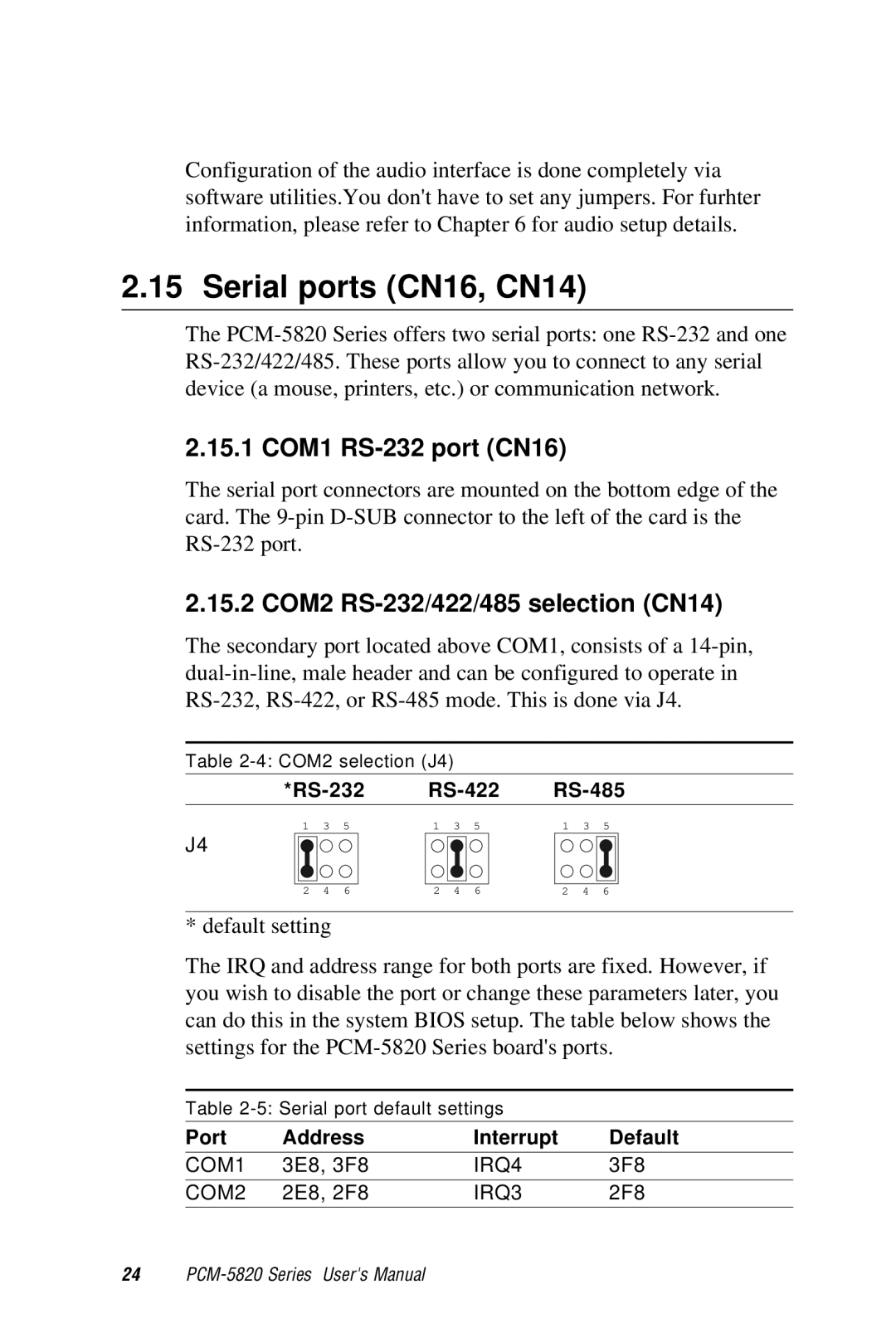 AMD PCM-5820 manual Serial ports CN16, CN14, 15.1 COM1 RS-232 port CN16, 15.2 COM2 RS-232/422/485 selection CN14 