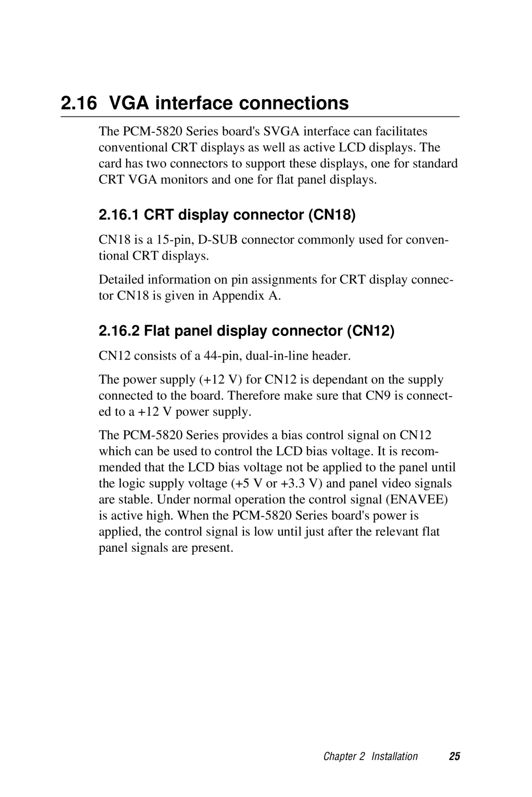 AMD PCM-5820 manual VGA interface connections, CRT display connector CN18, Flat panel display connector CN12 