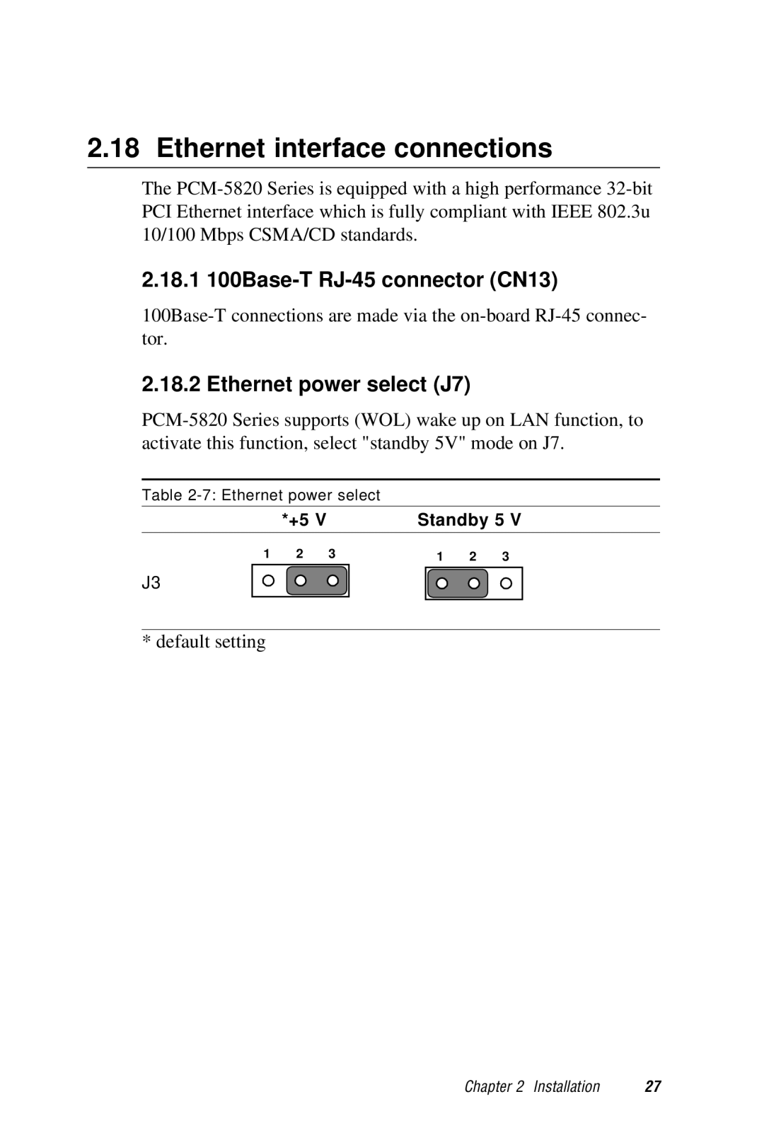 AMD PCM-5820 manual Ethernet interface connections, 18.1 100Base-T RJ-45 connector CN13, Ethernet power select J7 