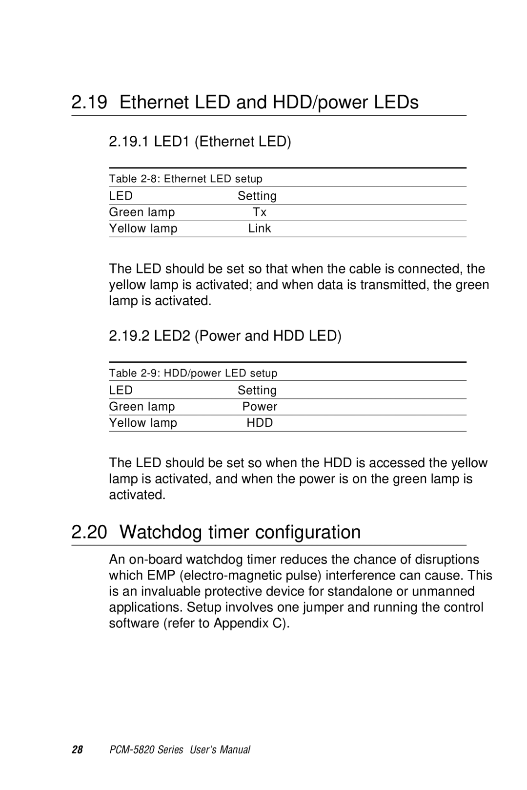 AMD PCM-5820 manual Ethernet LED and HDD/power LEDs, Watchdog timer configuration, 19.1 LED1 Ethernet LED 