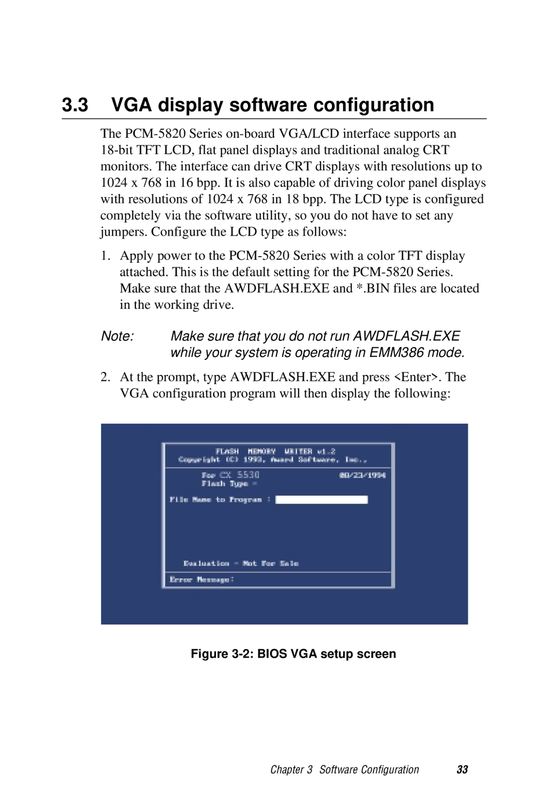 AMD PCM-5820 manual VGA display software configuration, While your system is operating in EMM386 mode 