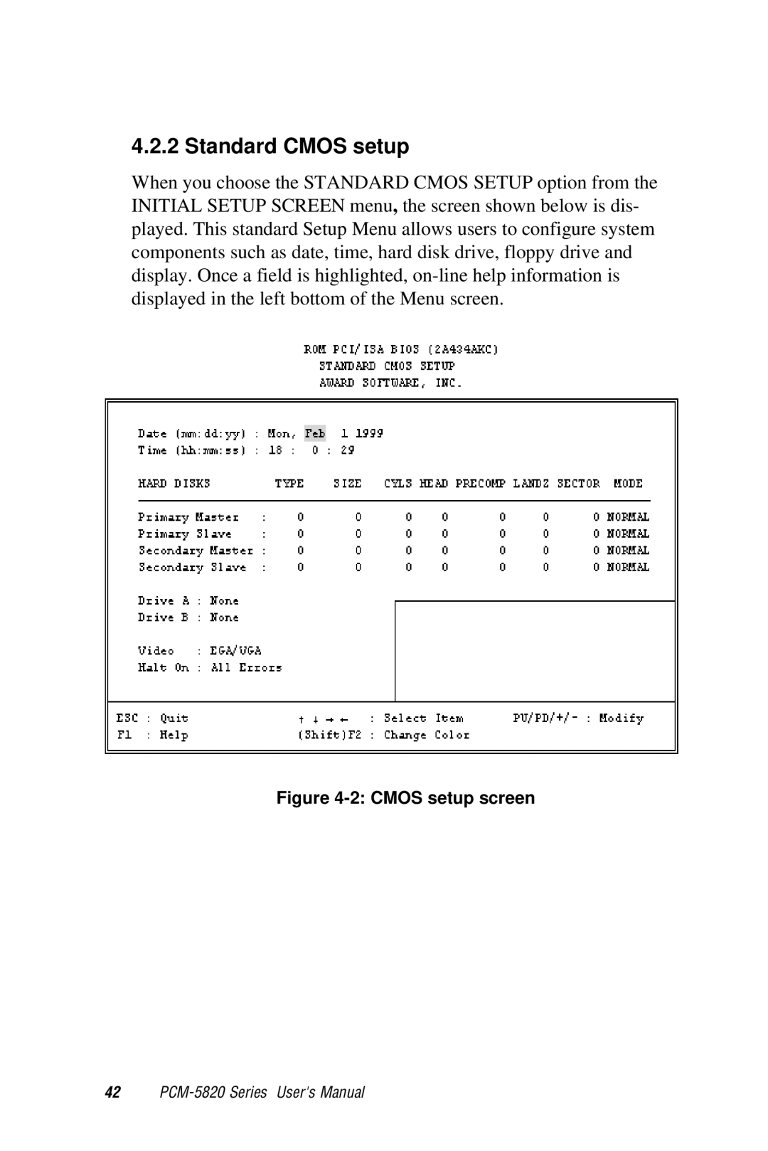 AMD PCM-5820 manual Standard Cmos setup, Cmos setup screen 