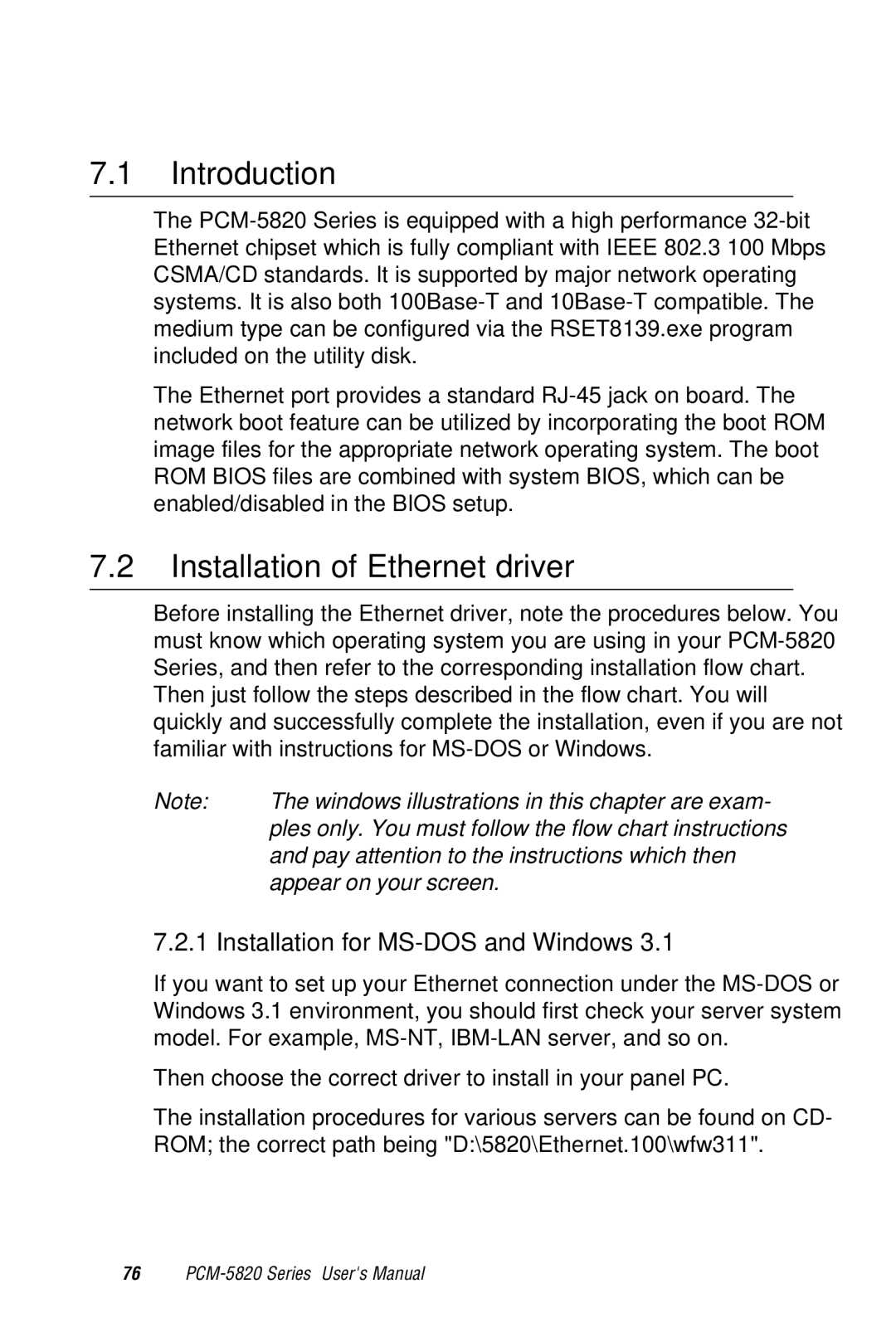 AMD PCM-5820 manual Installation of Ethernet driver, Installation for MS-DOS and Windows 