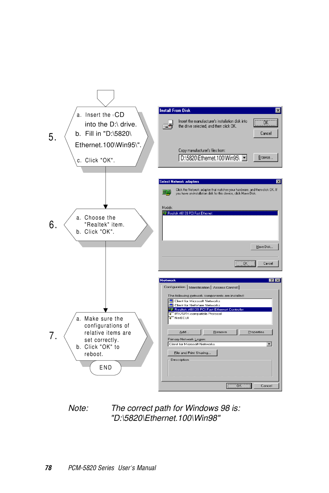 AMD PCM-5820 manual Correct path for Windows 98 is 