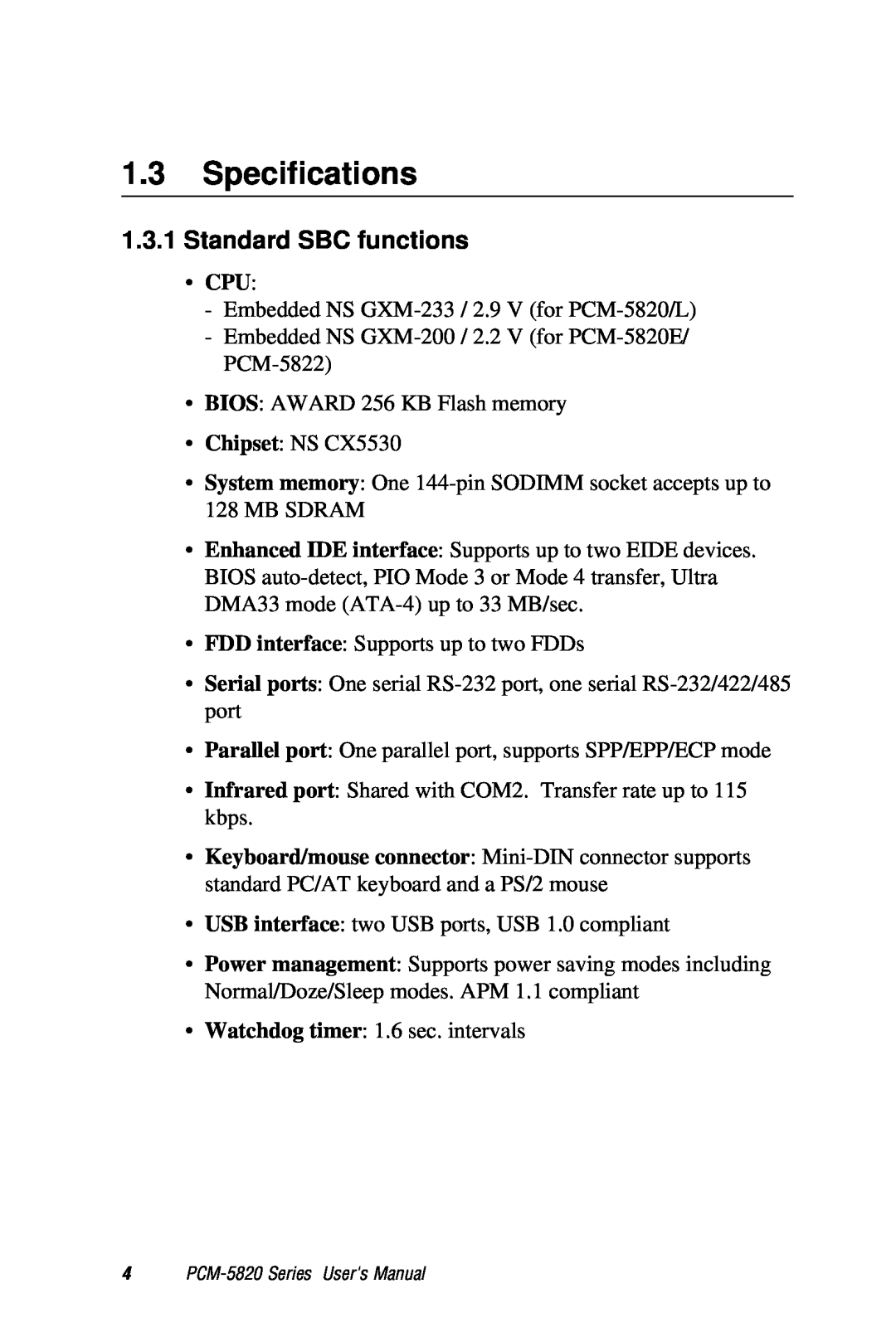 AMD PCM-5820 manual Specifications, Standard SBC functions 