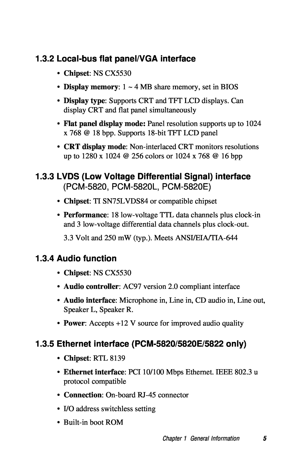 AMD manual Local-bus flat panel/VGA interface, Audio function, Ethernet interface PCM-5820/5820E/5822 only 