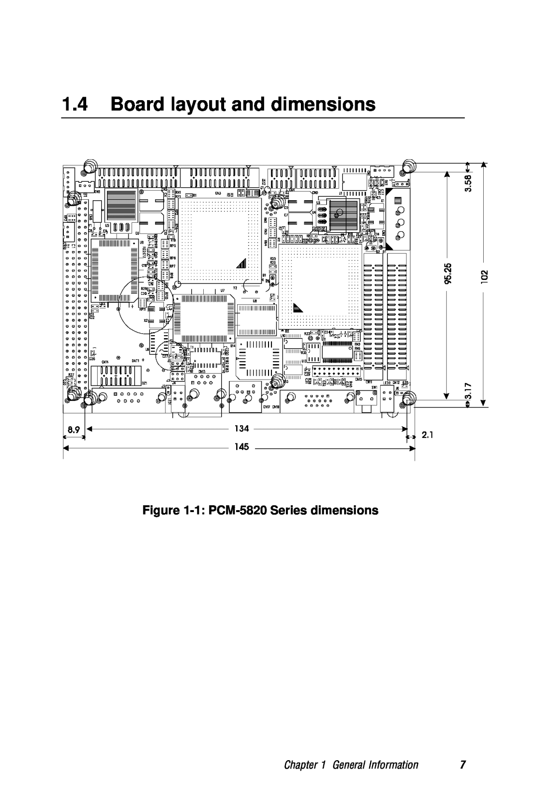 AMD manual Board layout and dimensions, 1 PCM-5820 Series dimensions, General Information 
