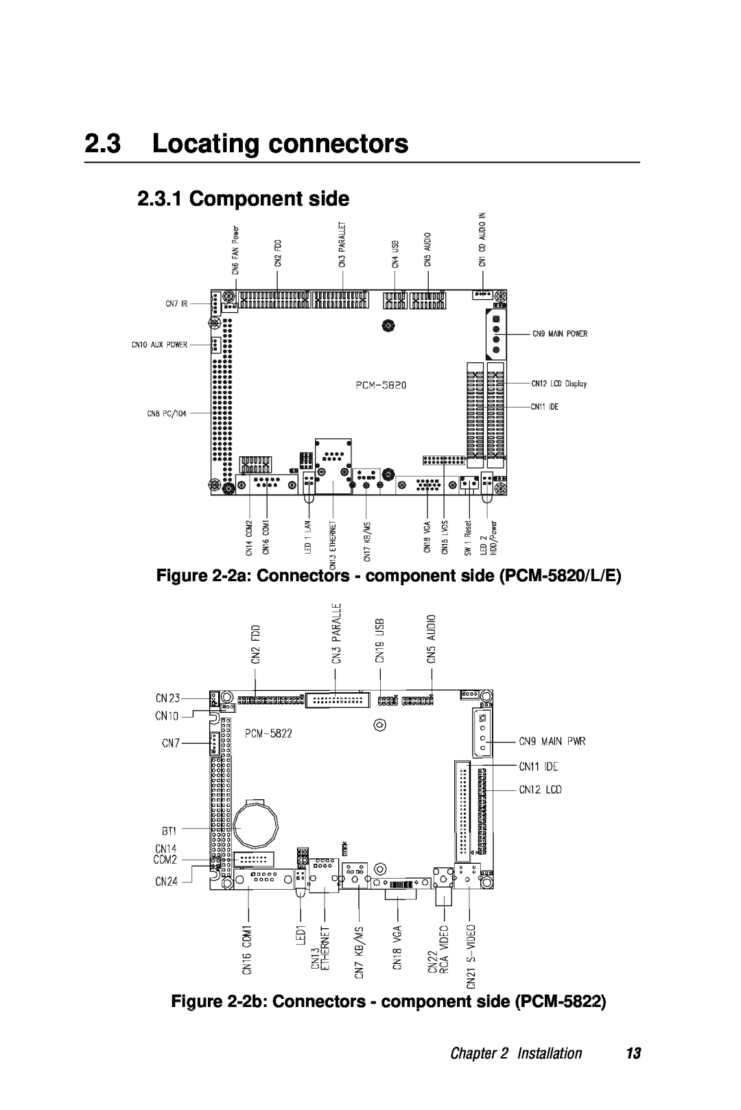AMD manual Locating connectors, Component side, 2a Connectors - component side PCM-5820/L/E, Installation 