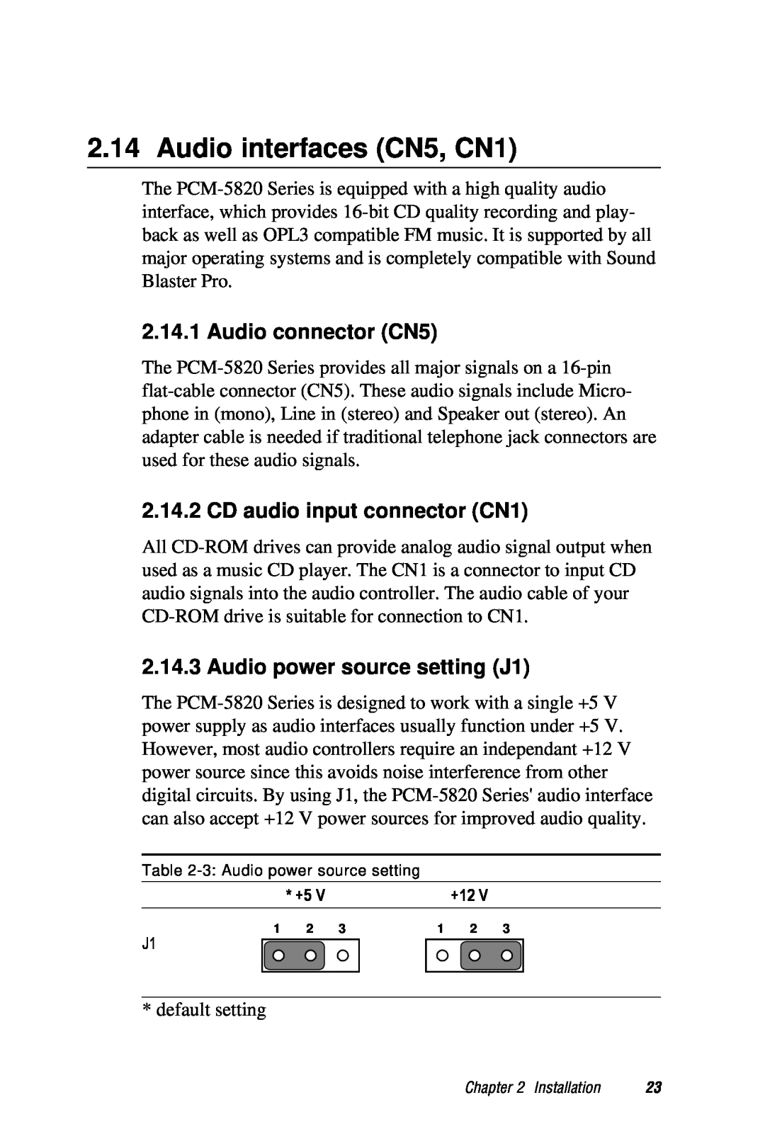AMD PCM-5820 Audio interfaces CN5, CN1, Audio connector CN5, CD audio input connector CN1, Audio power source setting J1 