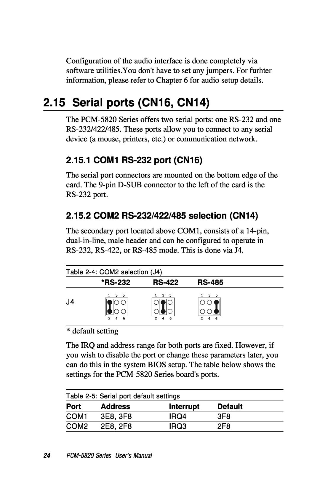 AMD PCM-5820 manual Serial ports CN16, CN14, 2.15.1 COM1 RS-232 port CN16, 2.15.2 COM2 RS-232/422/485 selection CN14 