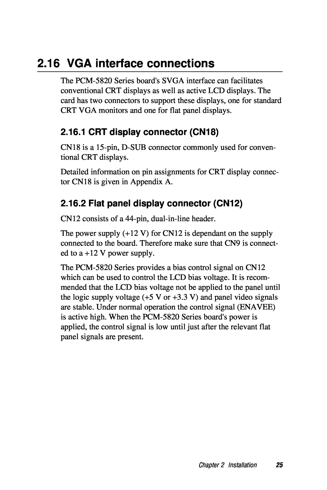 AMD PCM-5820 manual VGA interface connections, CRT display connector CN18, Flat panel display connector CN12 