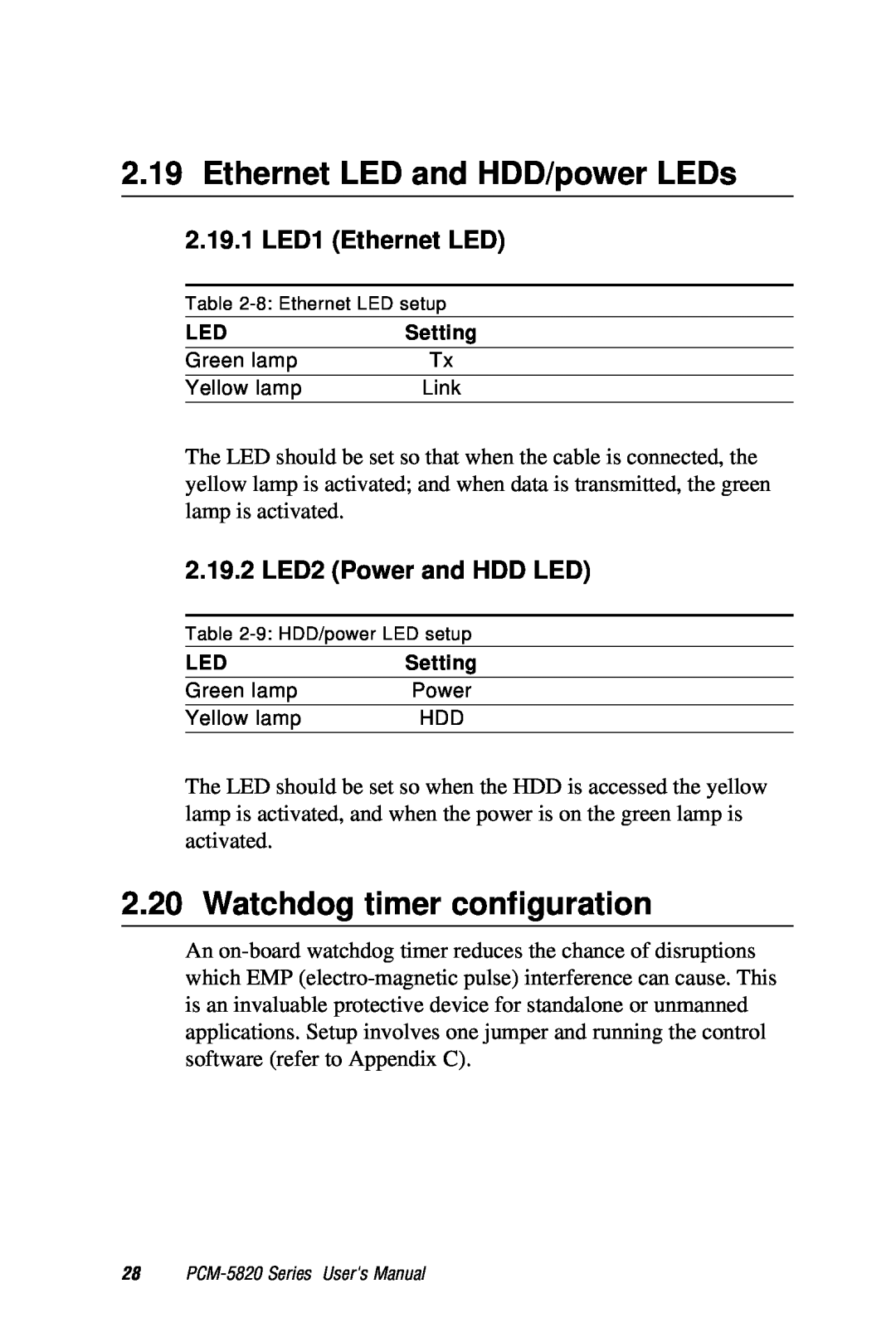 AMD PCM-5820 manual Ethernet LED and HDD/power LEDs, Watchdog timer configuration, 2.19.1 LED1 Ethernet LED 