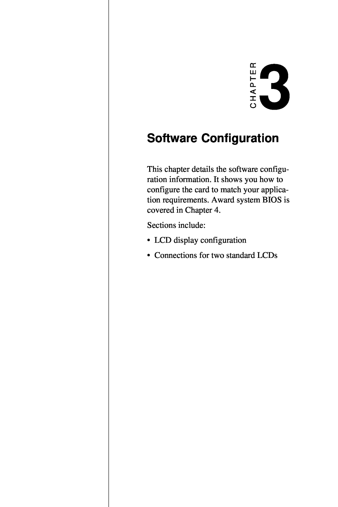 AMD PCM-5820 manual Software Configuration, Sections include LCD display configuration, Connections for two standard LCDs 
