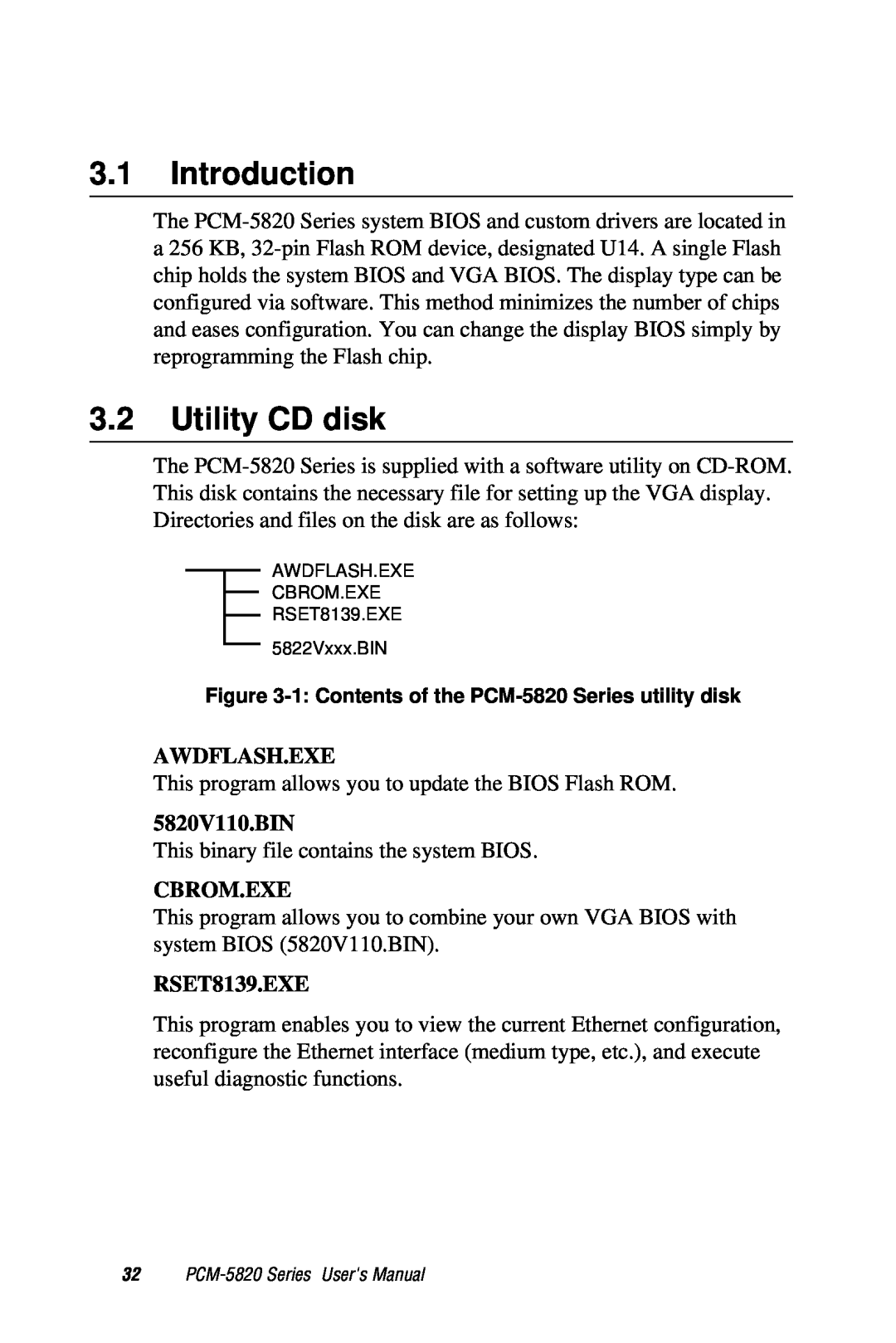 AMD PCM-5820 manual Introduction, Utility CD disk, Awdflash.Exe, 5820V110.BIN, Cbrom.Exe, RSET8139.EXE 