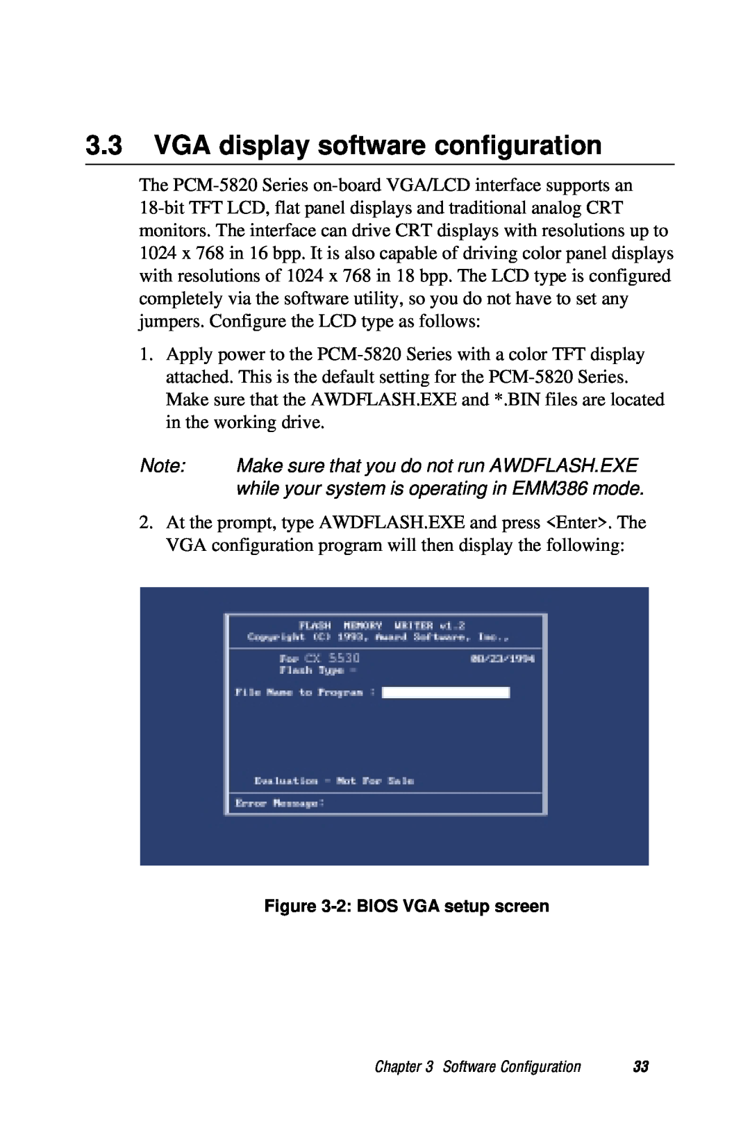 AMD PCM-5820 manual VGA display software configuration, Make sure that you do not run AWDFLASH.EXE 