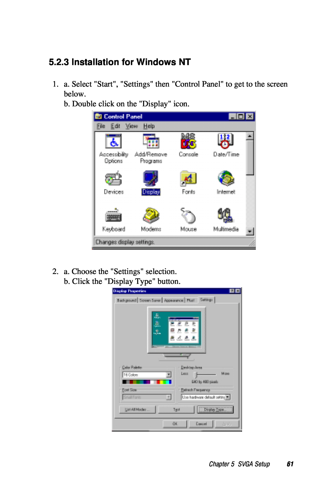 AMD PCM-5820 manual Installation for Windows NT, b. Double click on the Display icon, SVGA Setup 