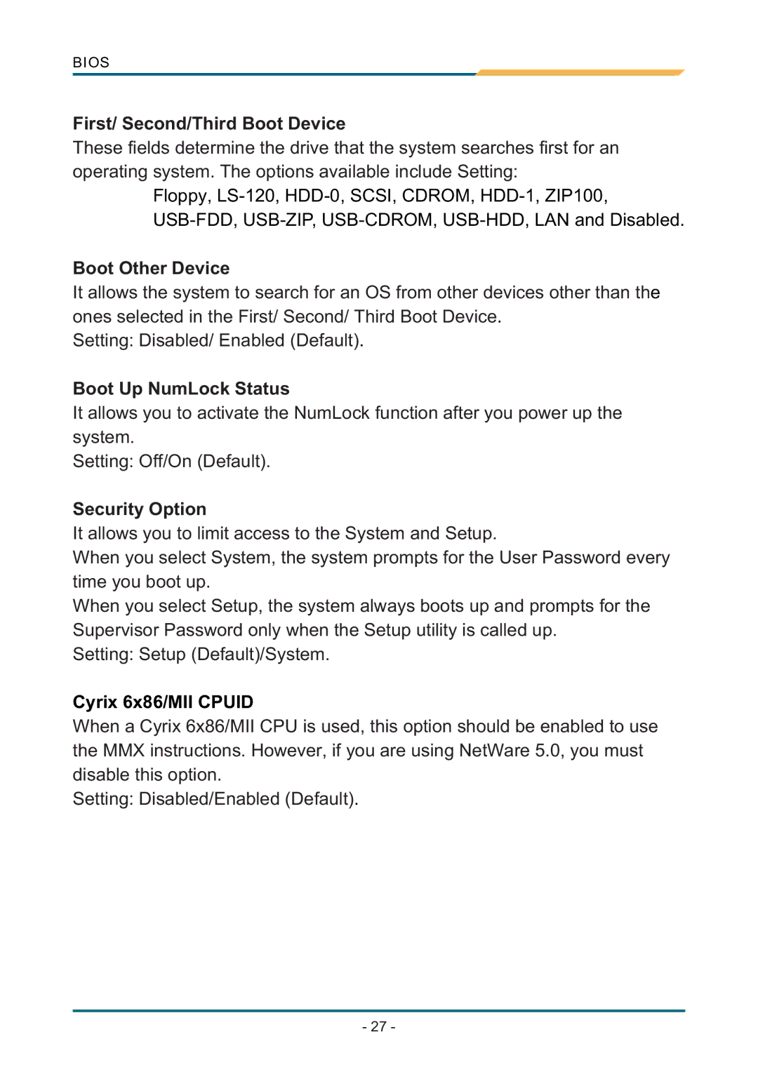 AMD SBX-5363 manual First/ Second/Third Boot Device, Boot Other Device, Boot Up NumLock Status, Security Option 