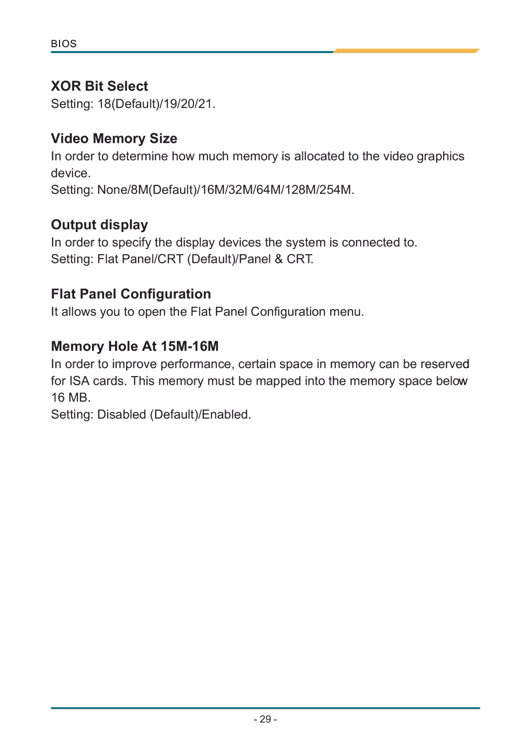 AMD SBX-5363 manual XOR Bit Select, Video Memory Size, Output display, Flat Panel Configuration, Memory Hole At 15M-16M 