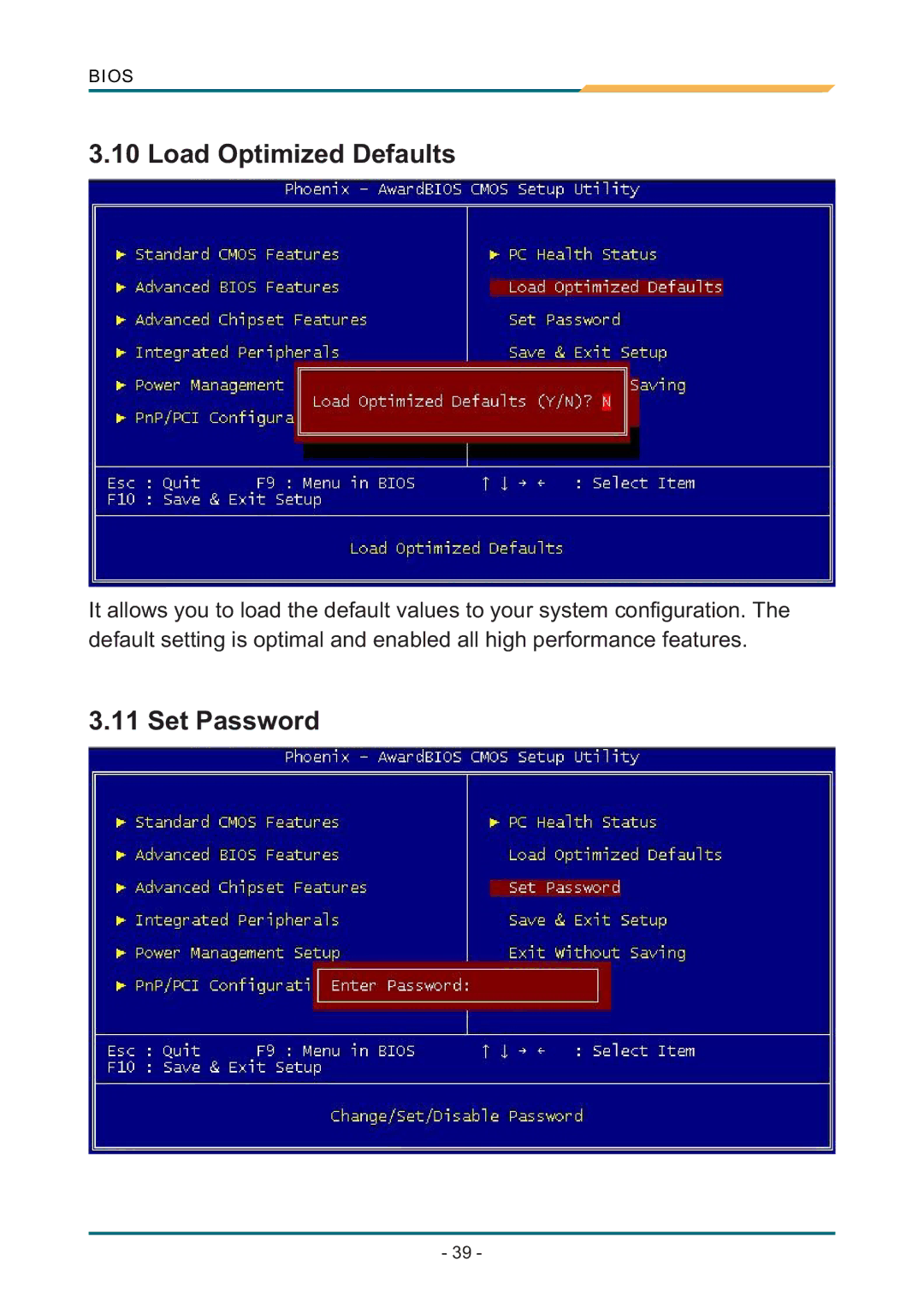 AMD SBX-5363 manual Load Optimized Defaults, Set Password 