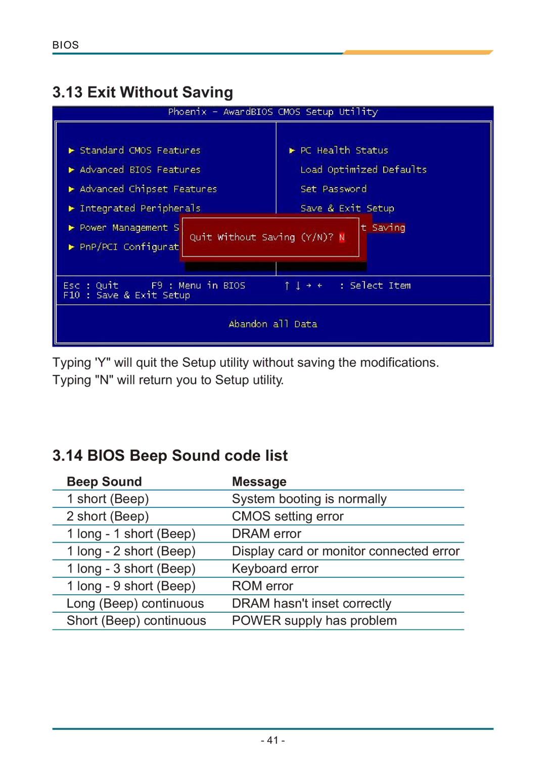 AMD SBX-5363 manual Exit Without Saving, Bios Beep Sound code list 