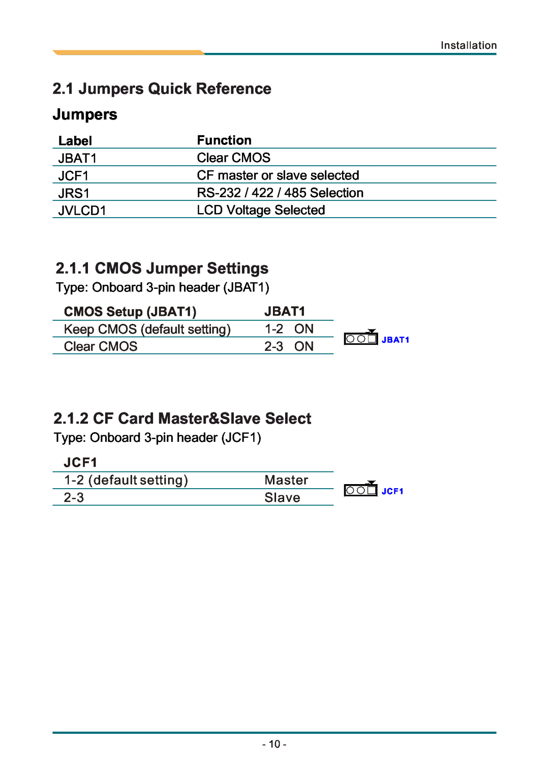 AMD SBX-5363 manual Jumpers Quick Reference Jumpers, CMOS Setup JBAT1, JCF1, Label, Function 