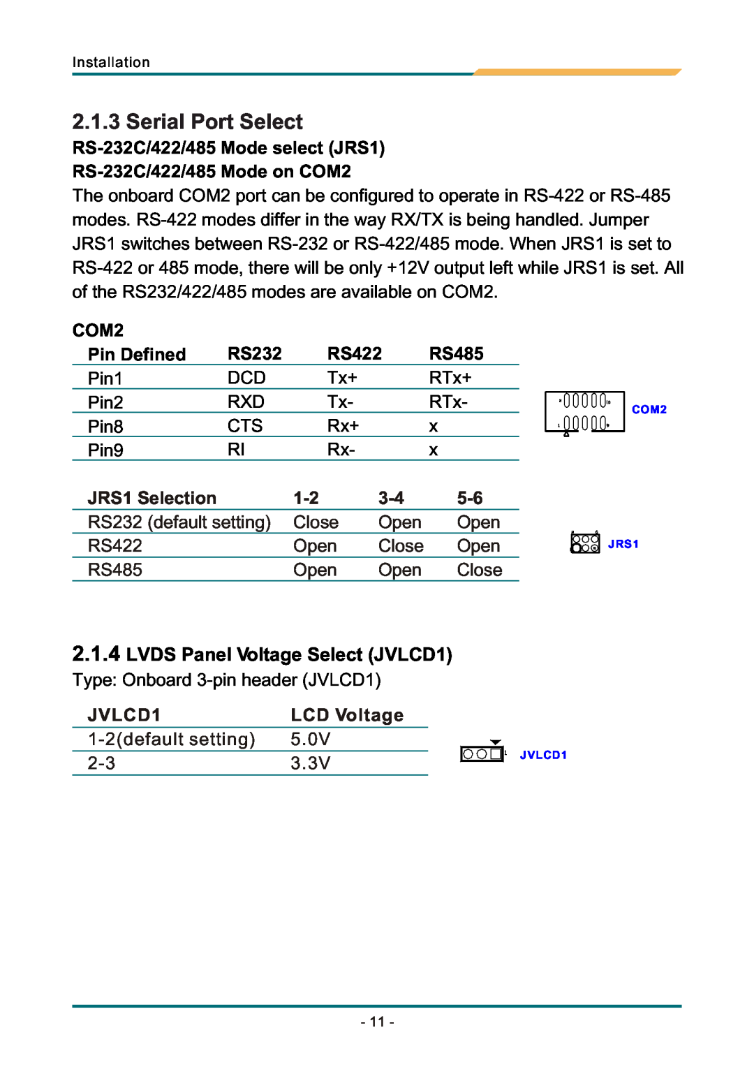 AMD SBX-5363 manual Serial Port Select, JRS1 Selection, LCD Voltage, LVDS Panel Voltage Select JVLCD1 