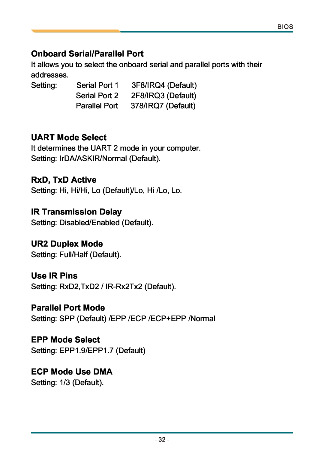 AMD SBX-5363 manual Onboard Serial/Parallel Port, UART Mode Select, RxD, TxD Active, IR Transmission Delay, UR2 Duplex Mode 