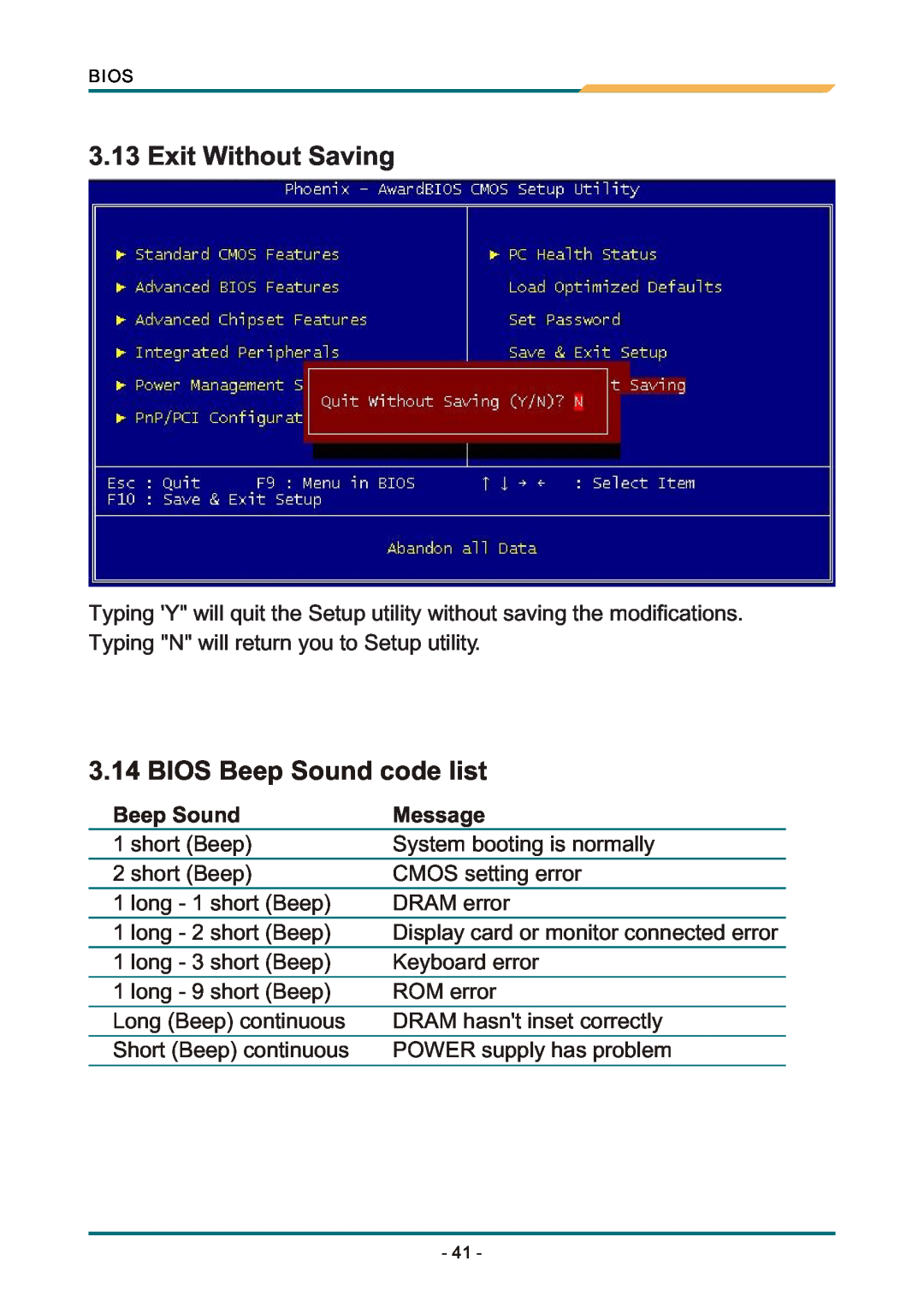 AMD SBX-5363 manual Exit Without Saving, BIOS Beep Sound code list, Message 