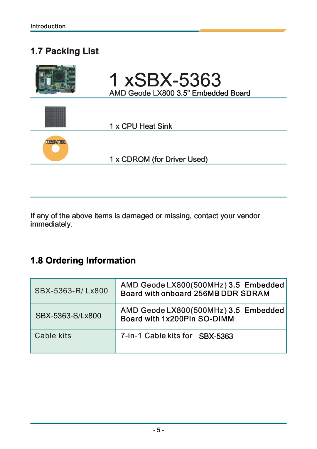 AMD manual Packing List, Ordering Information, xSBX-5363 