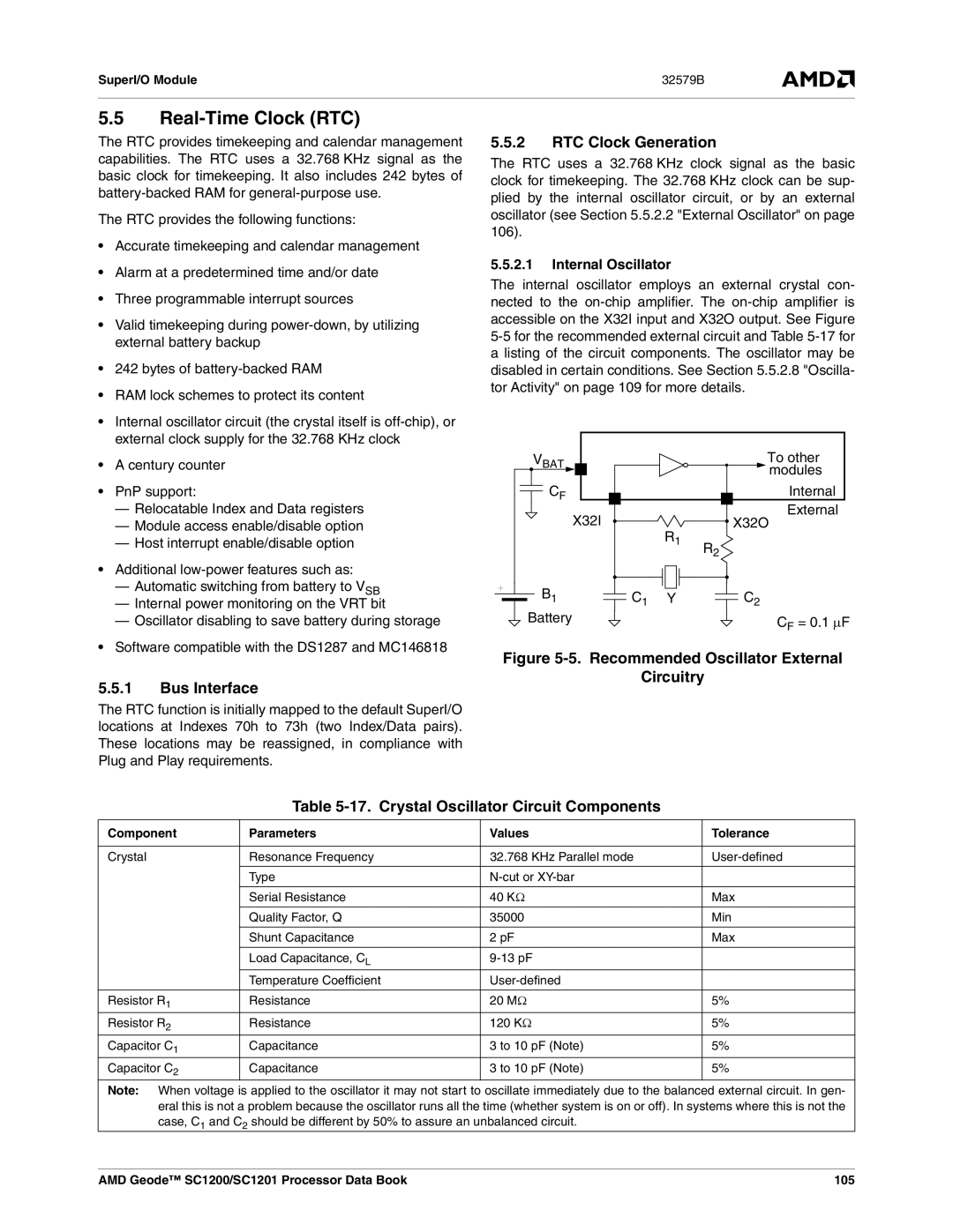 AMD SC1201, SC1200 manual Real-Time Clock RTC, Bus Interface RTC Clock Generation, Crystal Oscillator Circuit Components 