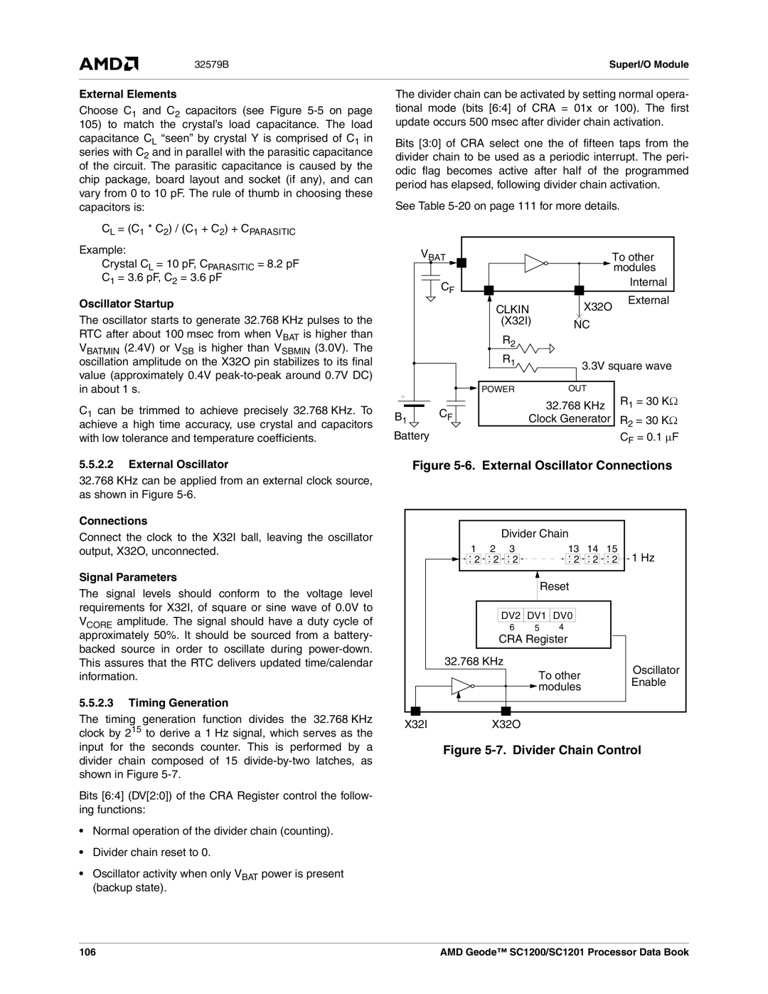 AMD SC1200 External Elements, Oscillator Startup, External Oscillator, Connections, Signal Parameters, Timing Generation 