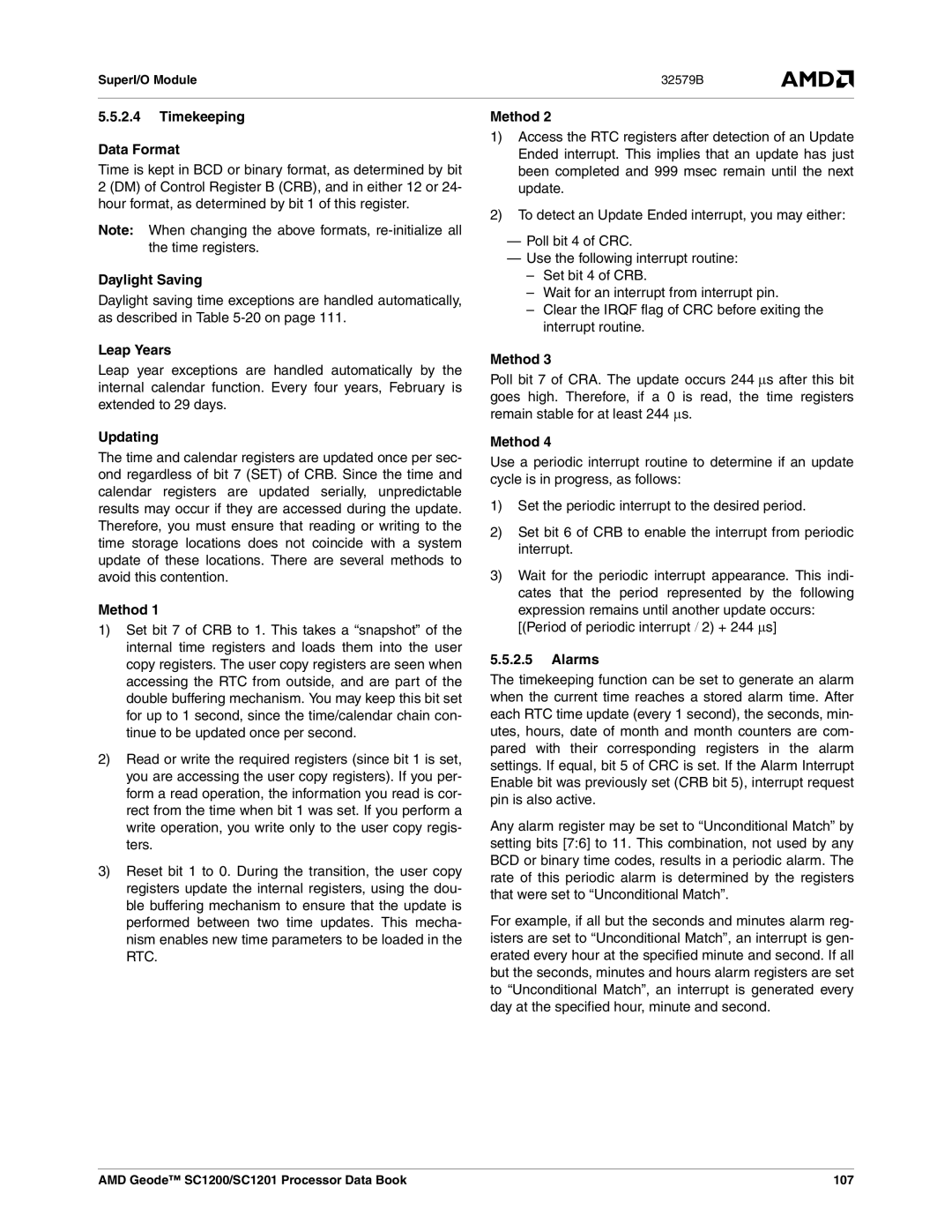 AMD SC1201, SC1200 manual Timekeeping Data Format, Daylight Saving, Leap Years, Updating, Method, Alarms 