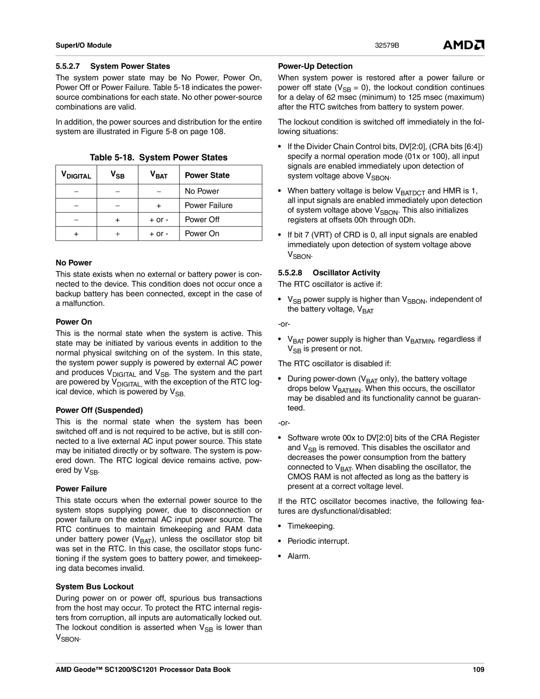 AMD SC1201, SC1200 manual System Power States 