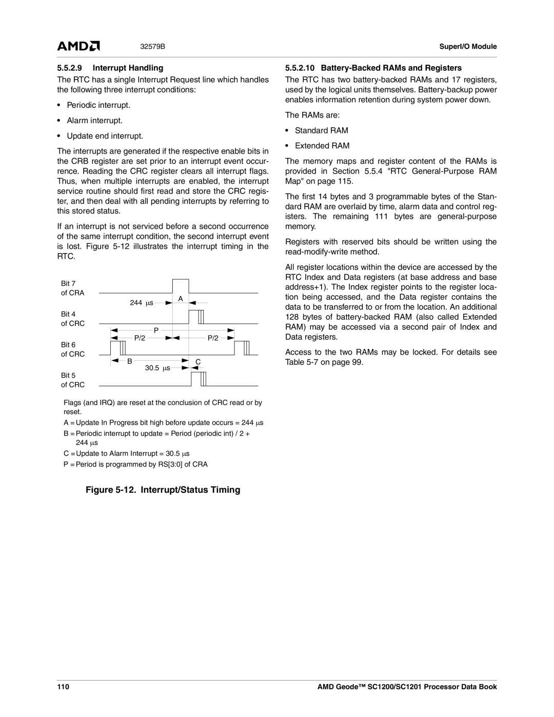 AMD SC1200, SC1201 manual Interrupt Handling, Battery-Backed RAMs and Registers, 110 