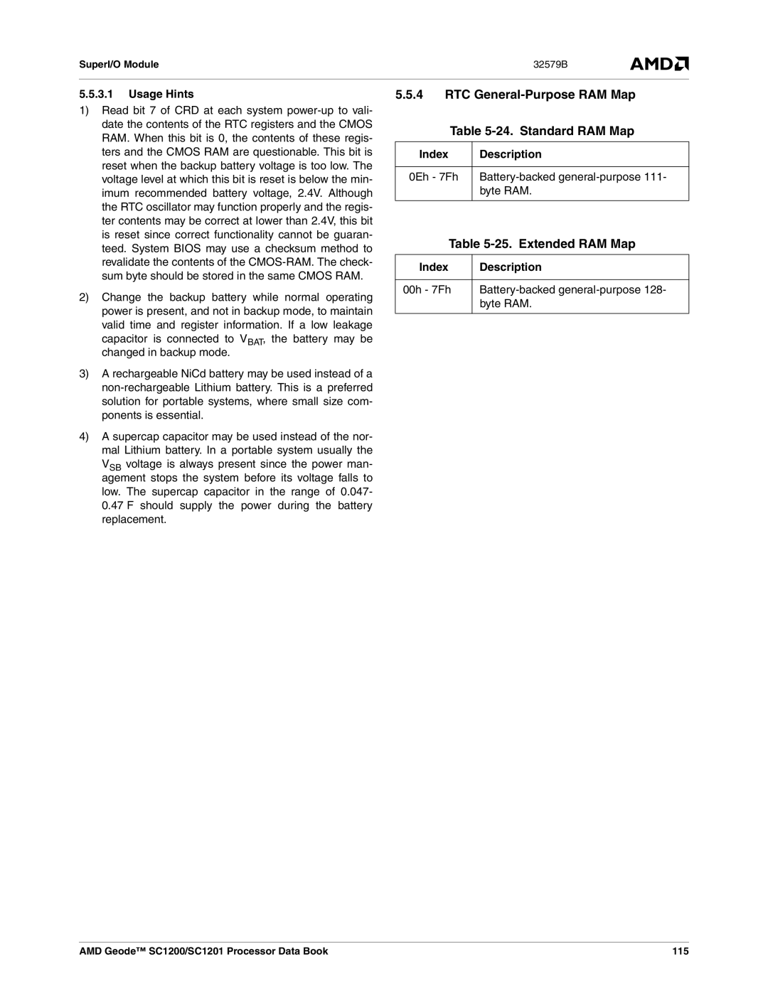 AMD SC1201, SC1200 manual RTC General-Purpose RAM Map 24. Standard RAM Map, Extended RAM Map, Index Description 