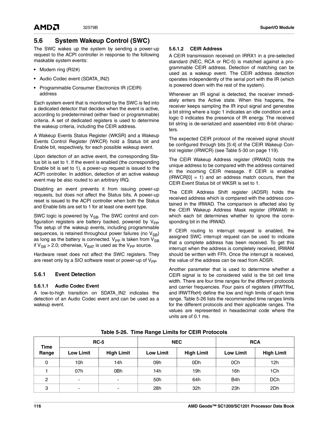 AMD SC1200, SC1201 manual System Wakeup Control SWC, Event Detection, Time Range Limits for Ceir Protocols 