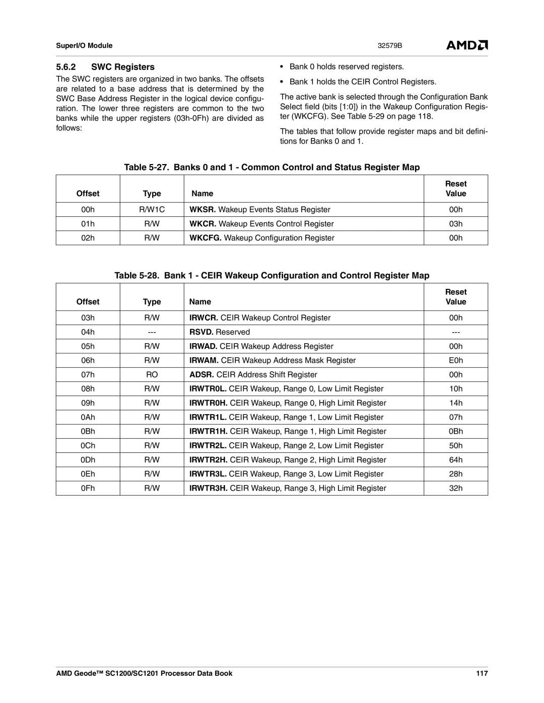 AMD SC1201, SC1200 manual SWC Registers, Banks 0 and 1 Common Control and Status Register Map, Offset Type Name Value 